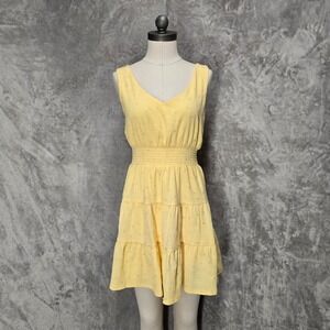 City Studio Dress Women M Yellow Tiered Smocked Tie Back Cottage Sun Pastel Boho